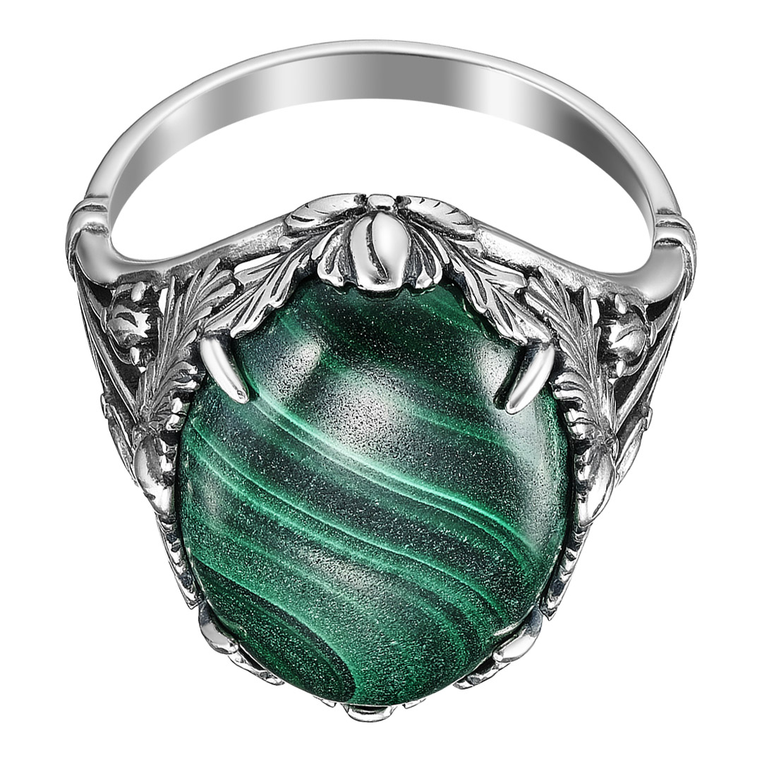 Серебряное кольцо 925 пробы; оксидирование; вставки 1 Малахит нат.;