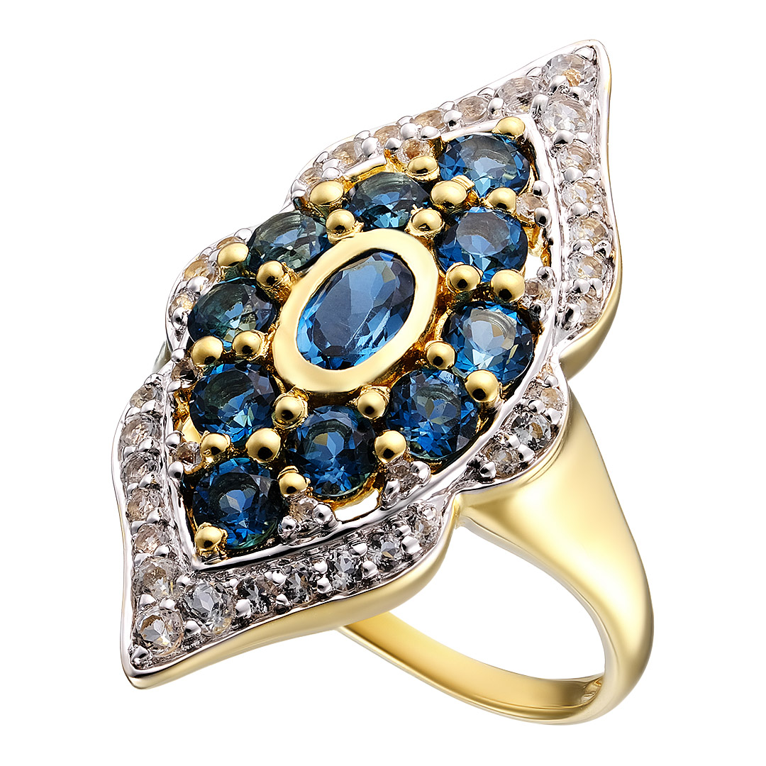 Серебряное кольцо 925 пробы; вставки 11 Топаз London 2,54 ct; 40 Топаз белый;