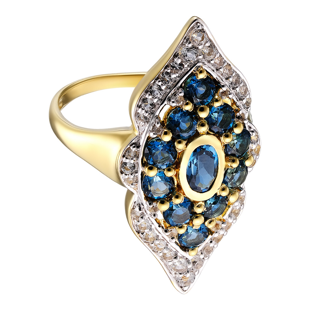 Серебряное кольцо 925 пробы; вставки 11 Топаз London 2,54 ct; 40 Топаз белый;