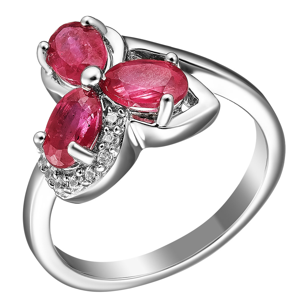 Серебряное кольцо 925 пробы; вставки 3 Рубин F/2 2,1 ct; 10 Циркон бесцв. 0,12 ct;