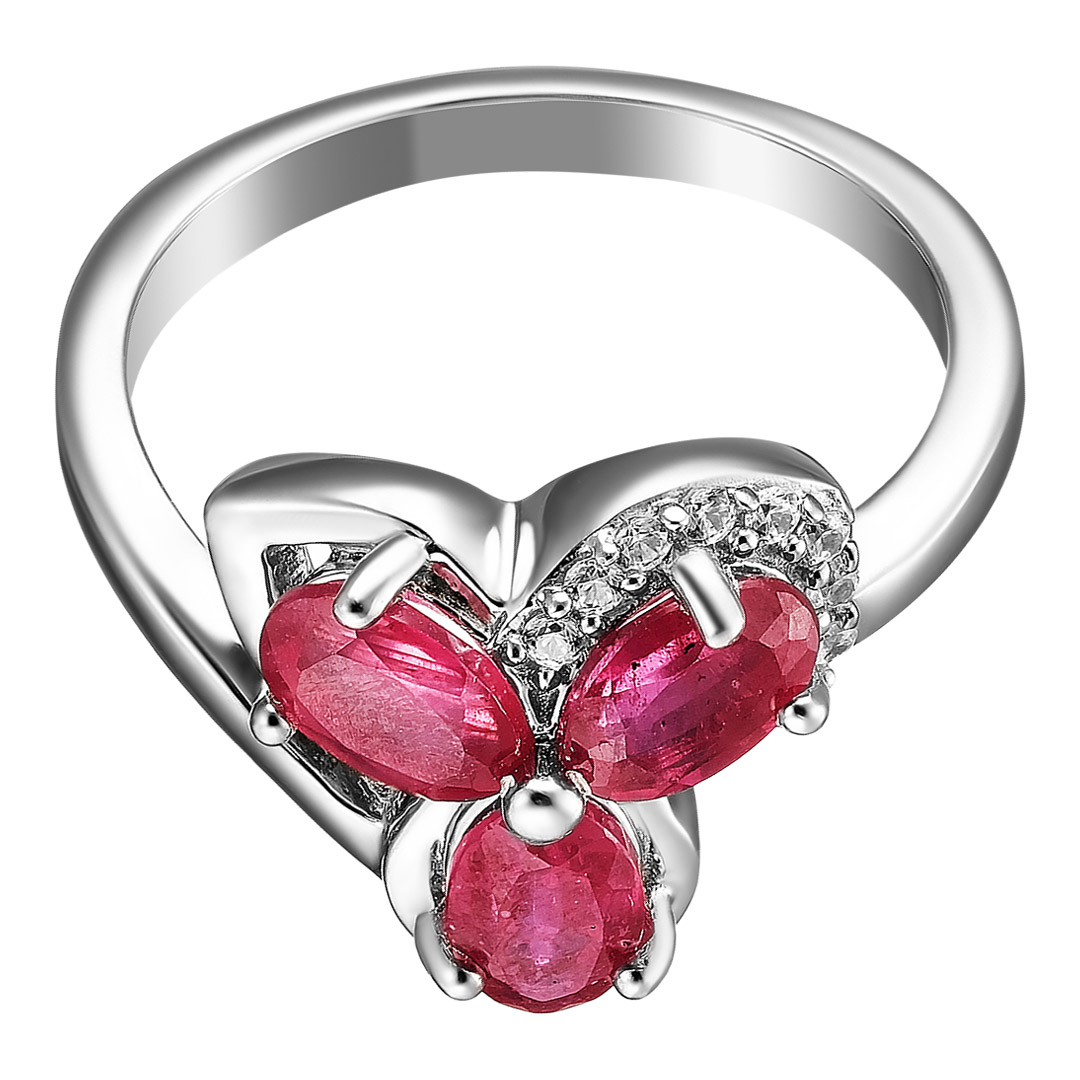 Серебряное кольцо 925 пробы; вставки 3 Рубин F/2 2,1 ct; 10 Циркон бесцв. 0,12 ct;