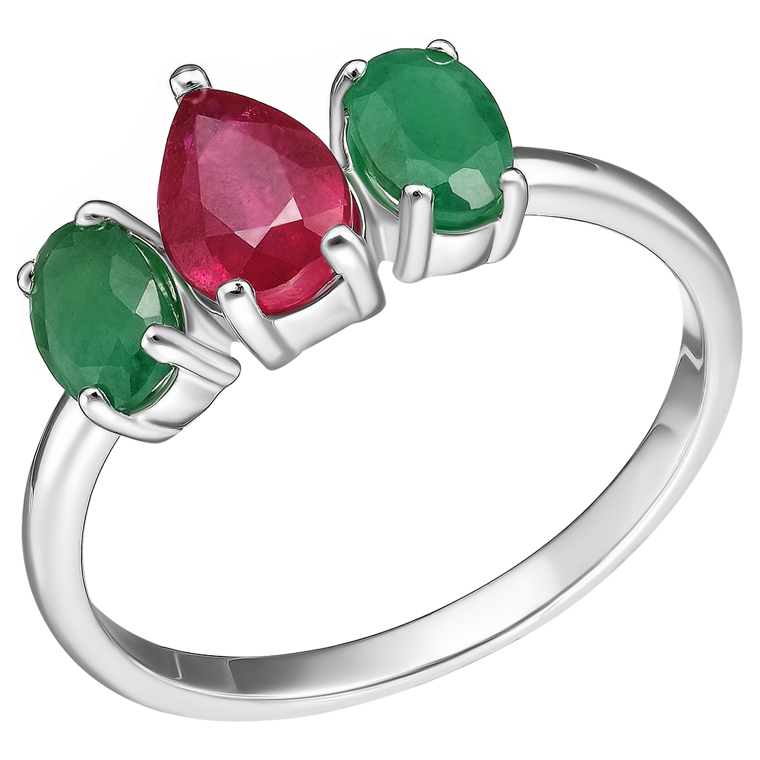 Серебряное кольцо 925 пробы; вставки 2 Изумруд (F) 0,87 3/3; 1 Рубин 2/F 0,984;