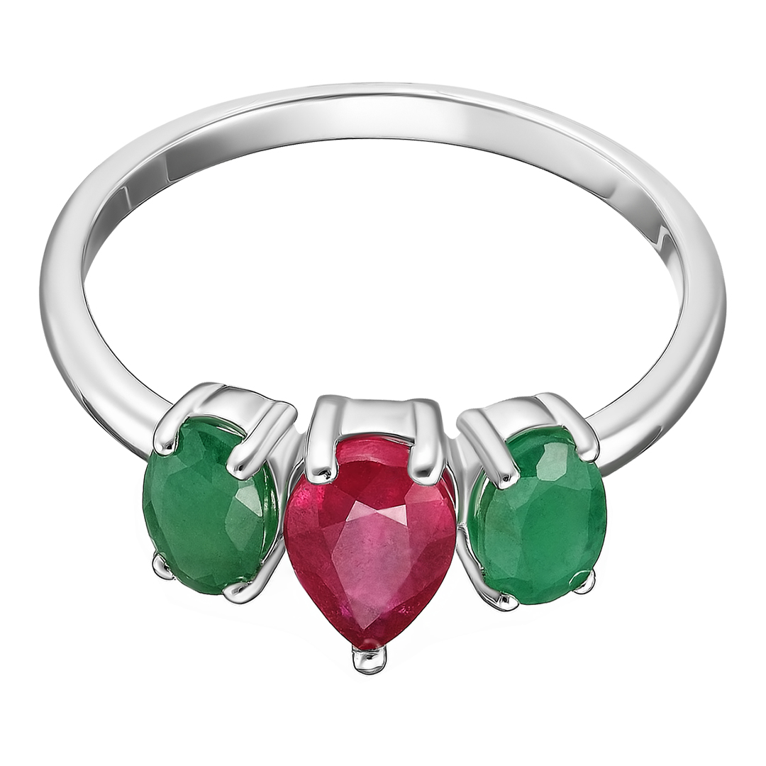 Серебряное кольцо 925 пробы; вставки 2 Изумруд (F) 0,87 3/3; 1 Рубин 2/F 0,984;