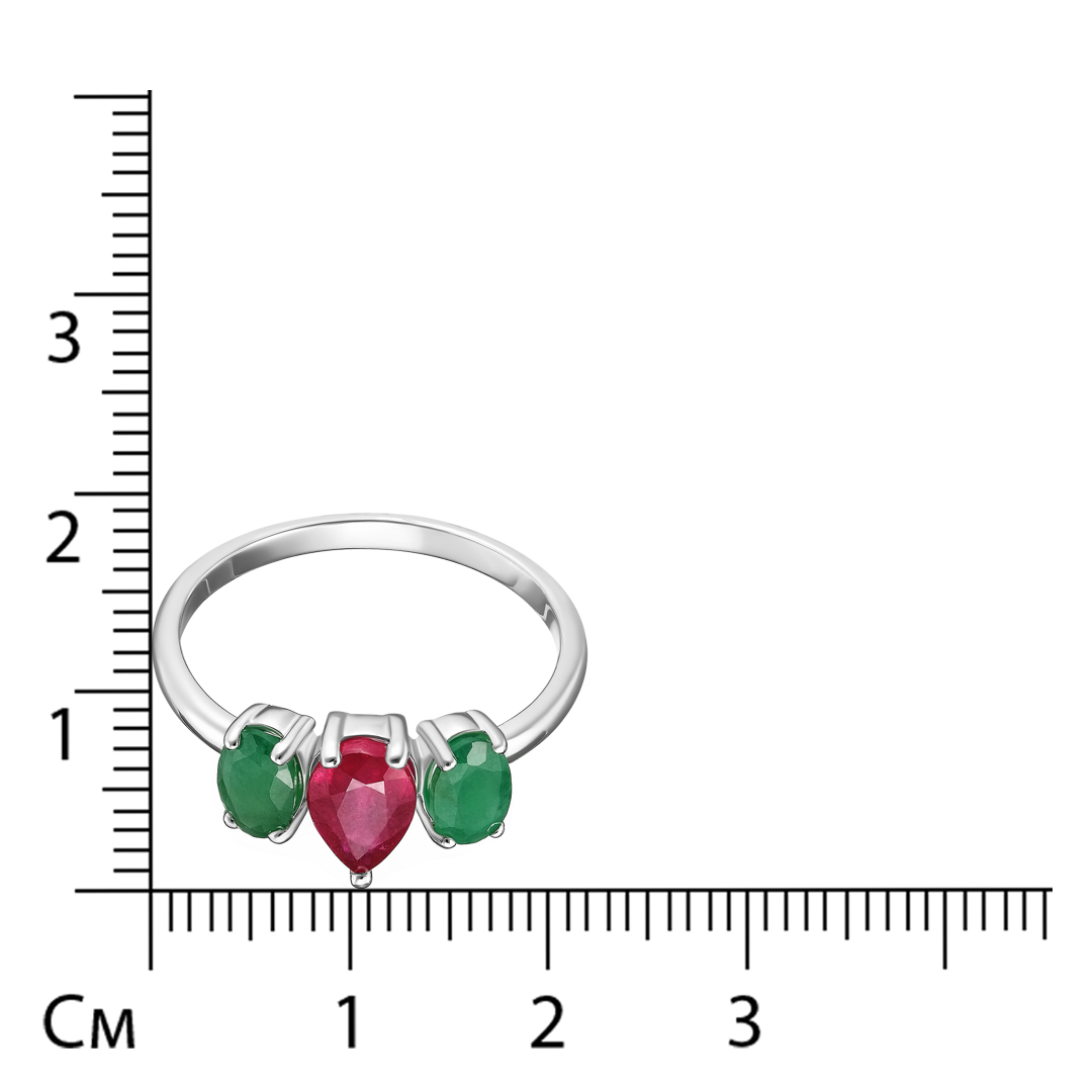 Серебряное кольцо 925 пробы; вставки 2 Изумруд (F) 0,87 3/3; 1 Рубин 2/F 0,984;