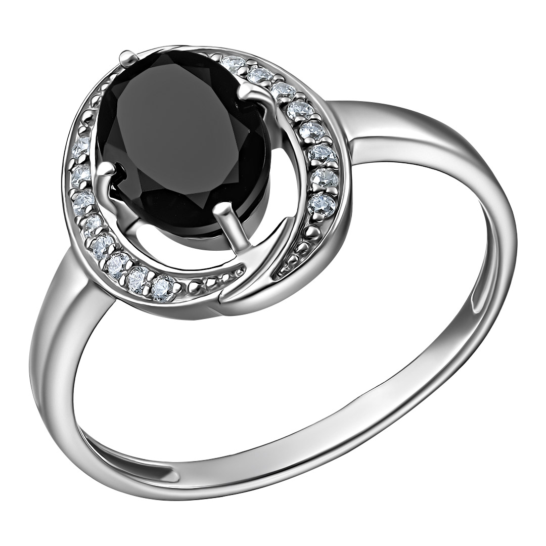Серебряное кольцо 925 пробы; вставки 1 Турмалин черный; 16 Фианит бесцв.;