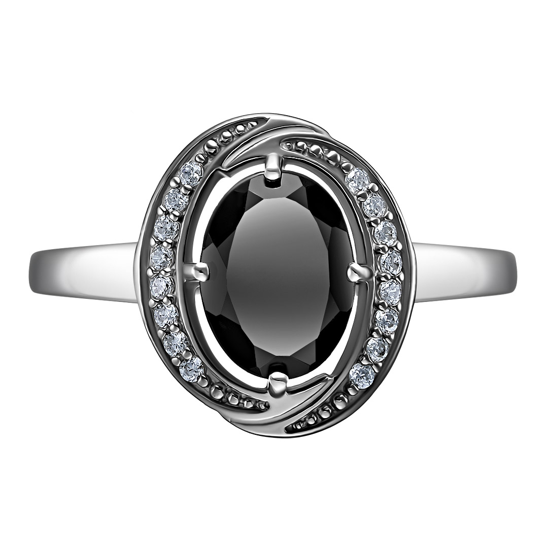 Серебряное кольцо 925 пробы; вставки 1 Турмалин черный; 16 Фианит бесцв.;