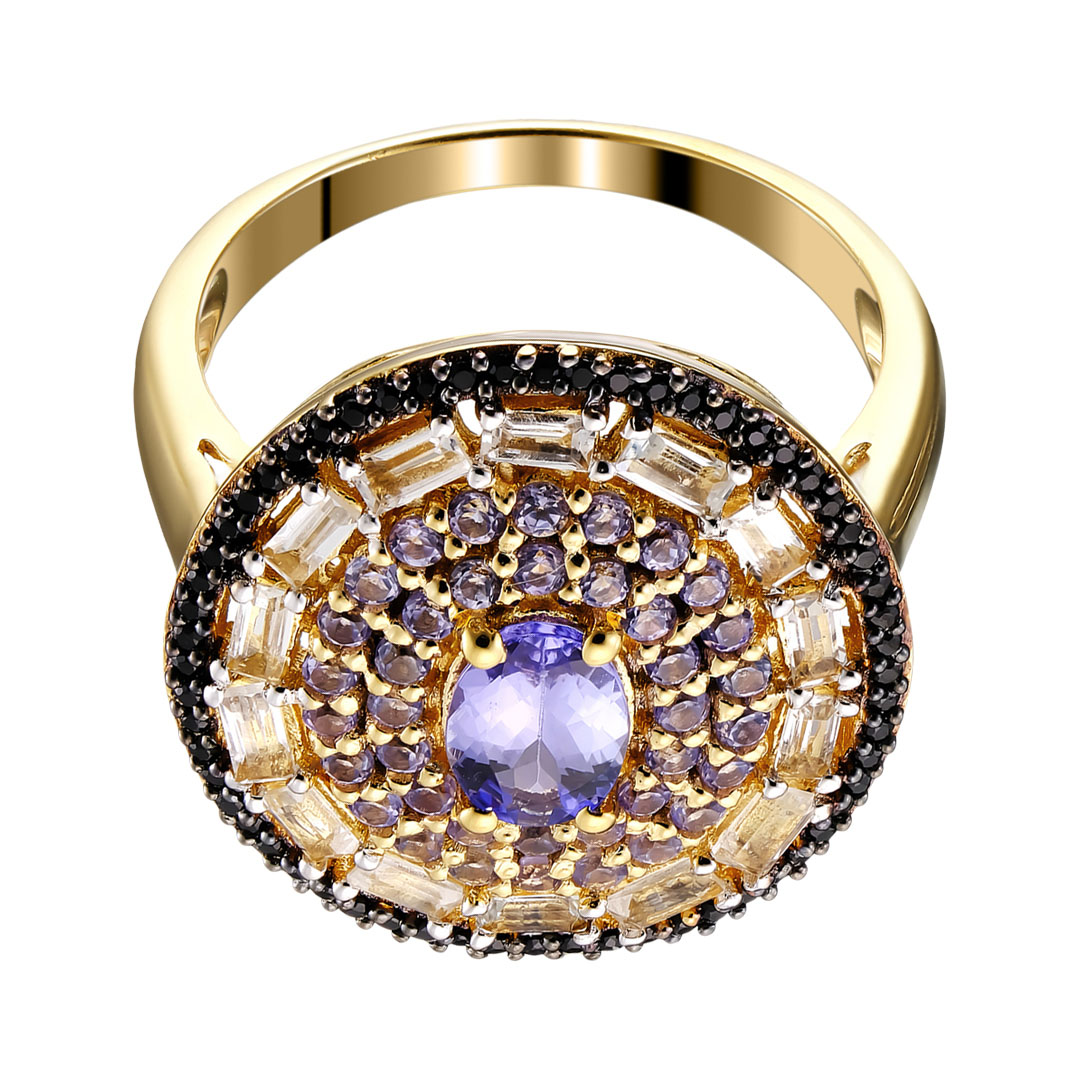 Серебряное кольцо 925 пробы; родий (бел., черн.); вставки 39 Танзанит 1,5ct; 14 Топаз бел. 1ct ; 60