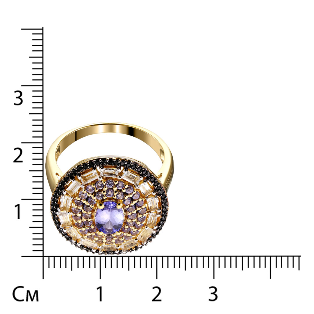 Серебряное кольцо 925 пробы; родий (бел., черн.); вставки 39 Танзанит 1,5ct; 14 Топаз бел. 1ct ; 60