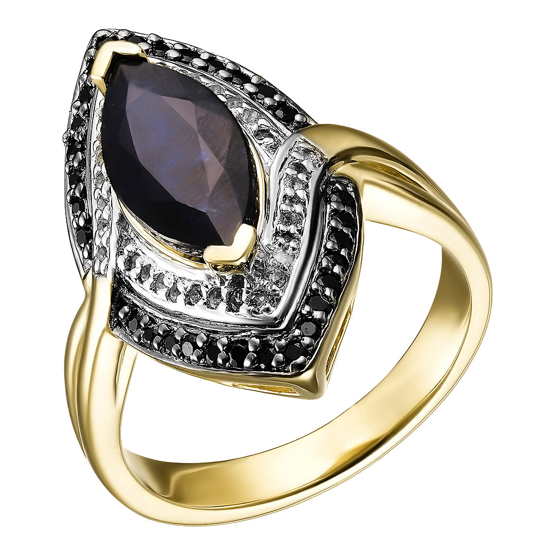 Серебряное кольцо 925 пробы; родий (бел., черн.); вставки 1 Сапфир F/2 3,5ct; Россыпь Топаз бел. 0,2