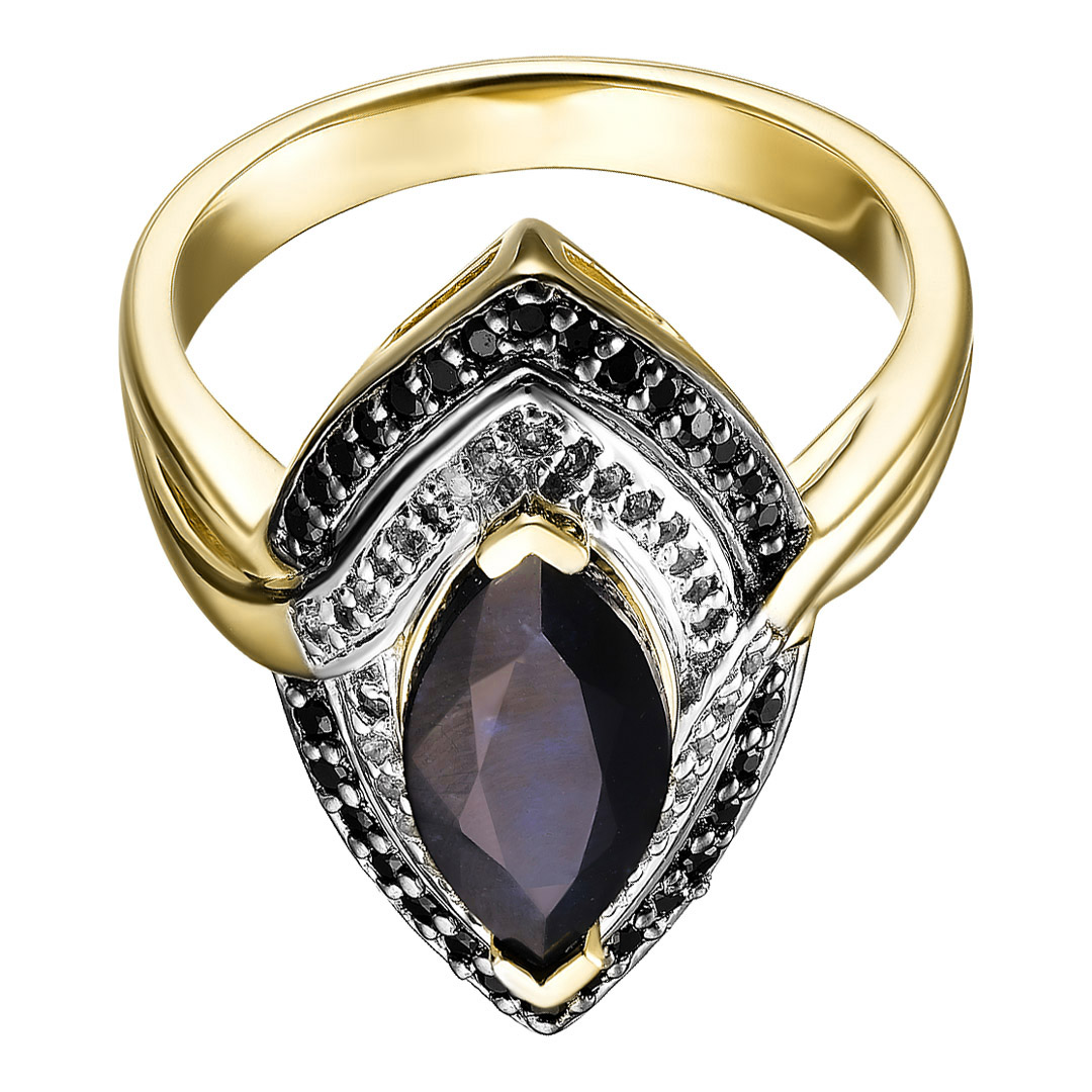 Серебряное кольцо 925 пробы; родий (бел., черн.); вставки 1 Сапфир F/2 3,5ct; Россыпь Топаз бел. 0,2