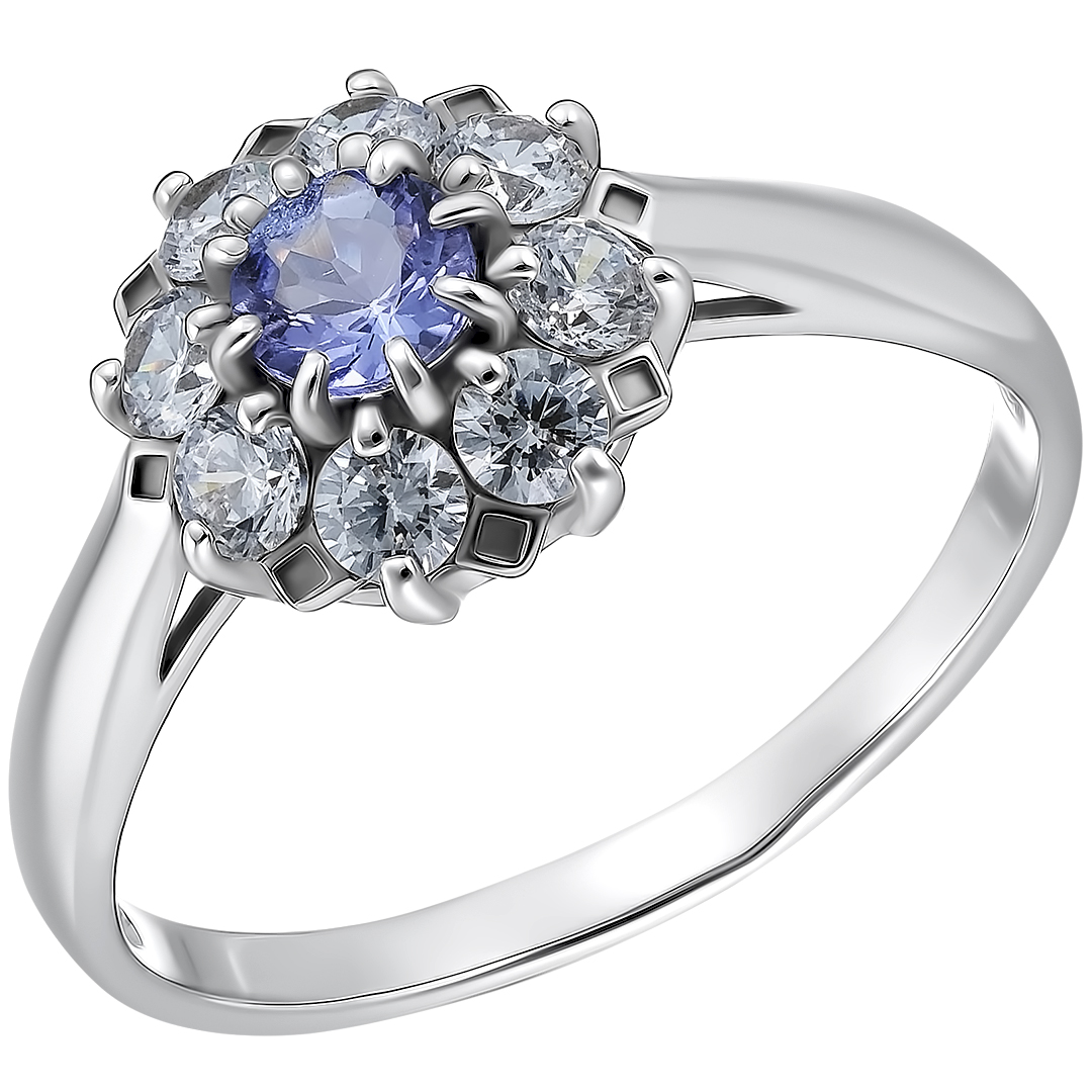 Серебряное кольцо 925 пробы; вставки 1 Танзанит; 8 Фианит бесцв.;