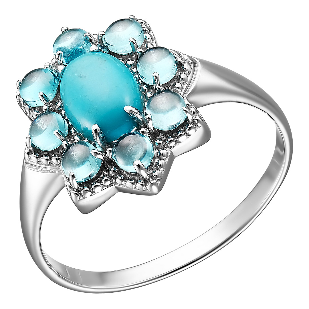 Серебряное кольцо 925 пробы; вставки 1 Бирюза Тибет; 8 Фианит голубой;
