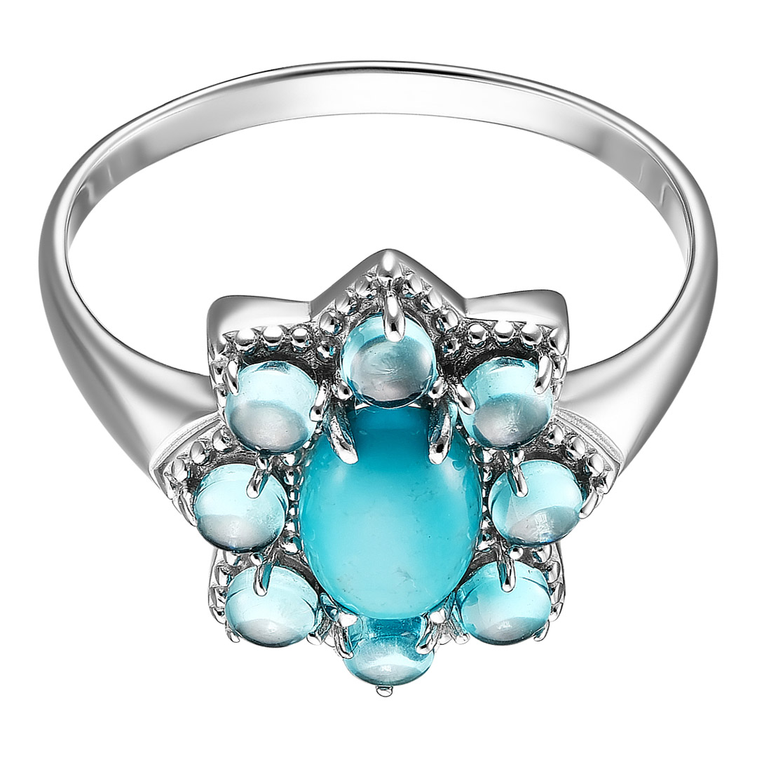 Серебряное кольцо 925 пробы; вставки 1 Бирюза Тибет; 8 Фианит голубой;
