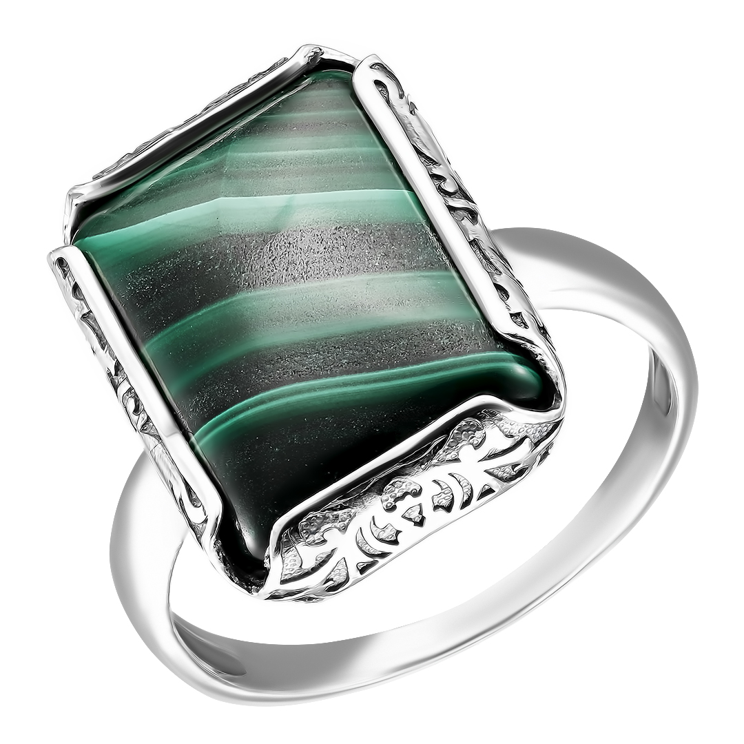 Серебряное кольцо 925 пробы; оксидирование; вставки 1 Малахит нат.;