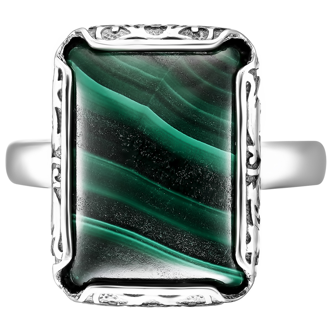 Серебряное кольцо 925 пробы; оксидирование; вставки 1 Малахит нат.;