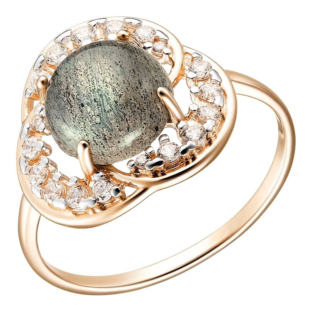 Серебряное кольцо 925 пробы; вставки 1 Лабрадорит; 18 Фианит бесцв.;