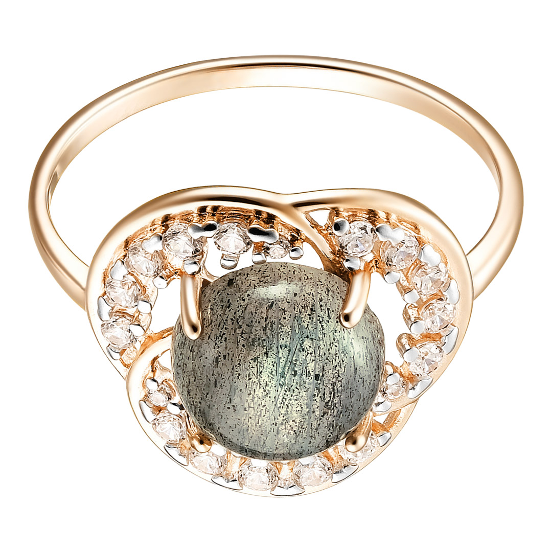 Серебряное кольцо 925 пробы; вставки 1 Лабрадорит; 18 Фианит бесцв.;