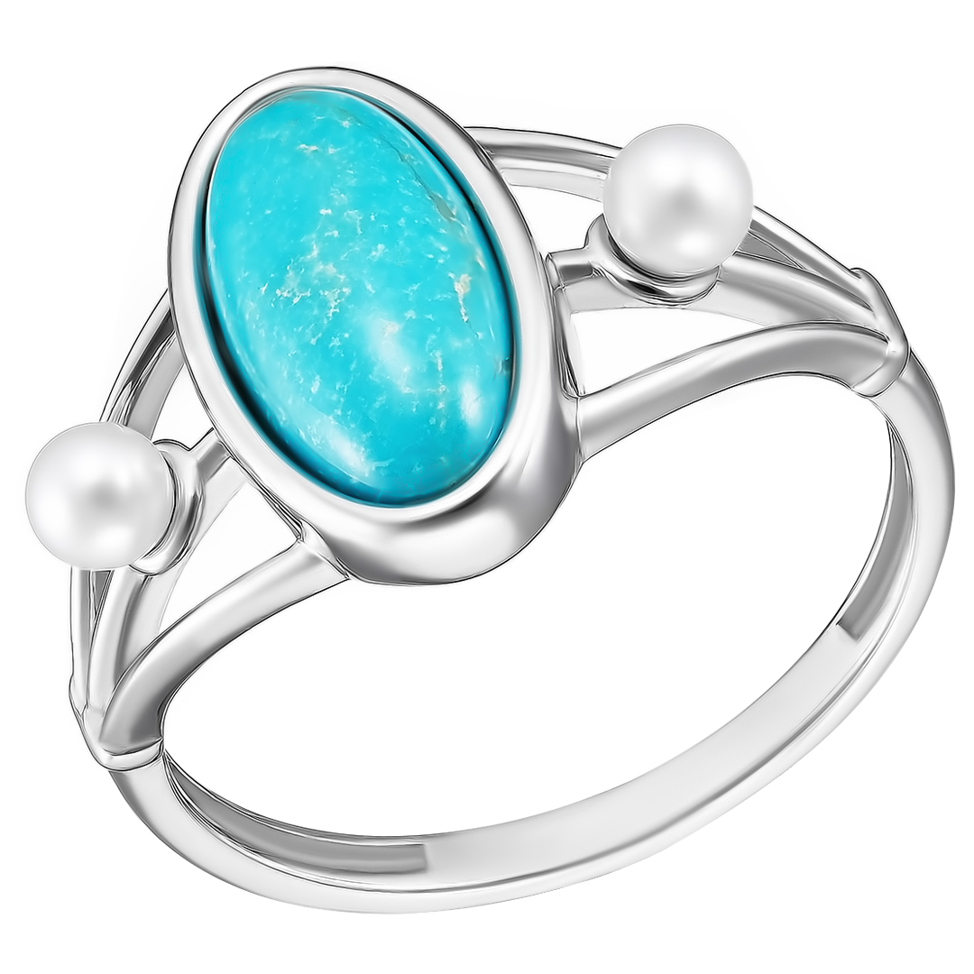 Серебряное кольцо 925 пробы; вставки 1 Бирюза; 2 Жемчуг культ.белый;