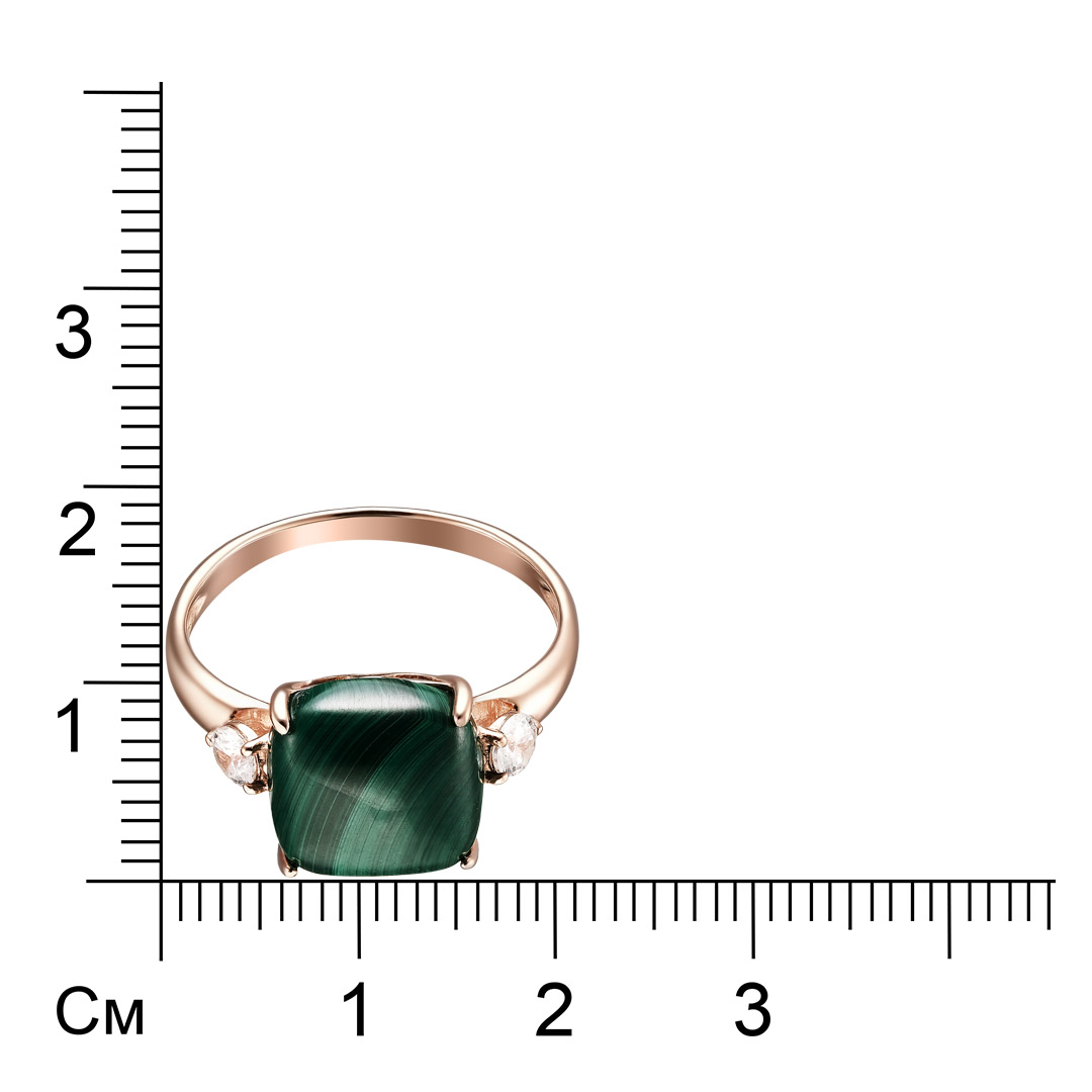 Серебряное кольцо 925 пробы; вставки 1 Малахит нат.; 2 Фианит бесцв.;