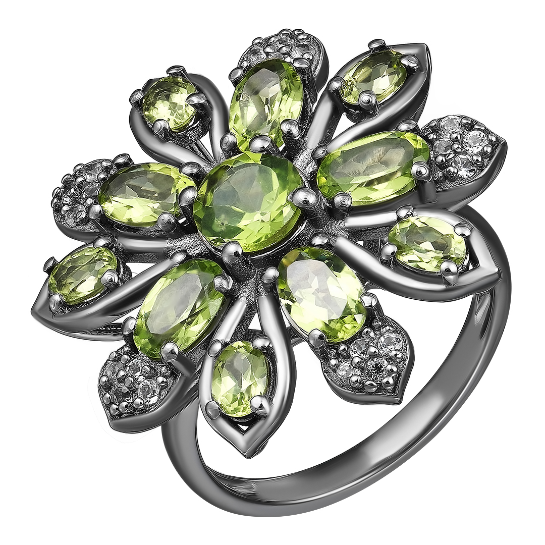 Серебряное кольцо 925 пробы; родий черный; вставки 11 Перидот 3,8 ct; 20 Топаз белый 0,3 ct;