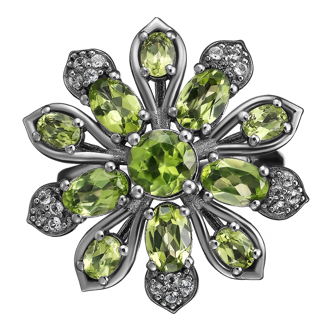 Серебряное кольцо 925 пробы; родий черный; вставки 11 Перидот 3,8 ct; 20 Топаз белый 0,3 ct;