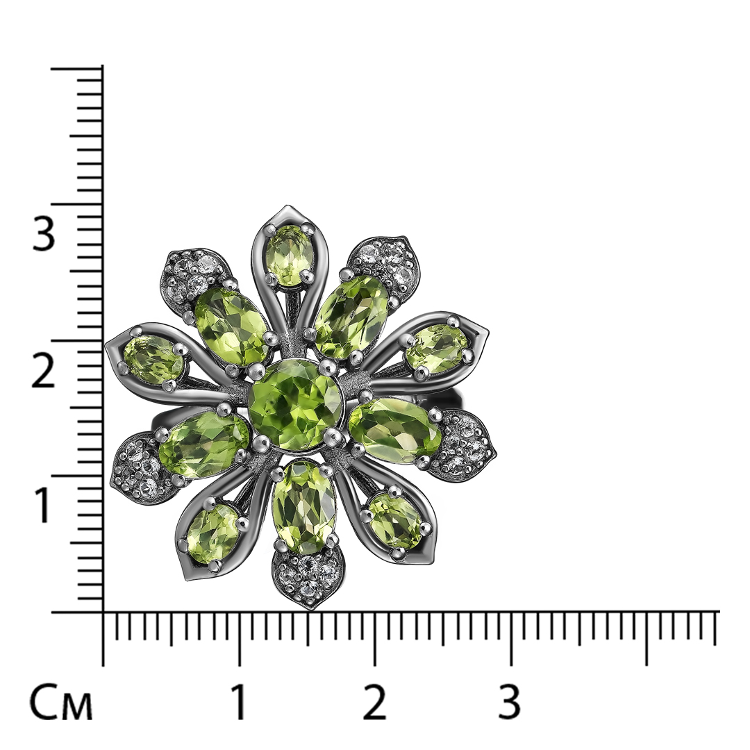 Серебряное кольцо 925 пробы; родий черный; вставки 11 Перидот 3,8 ct; 20 Топаз белый 0,3 ct;
