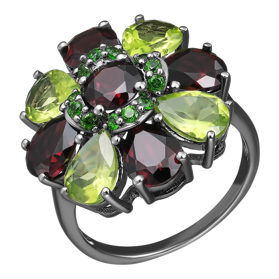 Серебряное кольцо 925 пробы; родий черный; вставки 4 Перидот 3,6 ct; 5 Гранат 6,2 ct; 12 Хромдиопсид