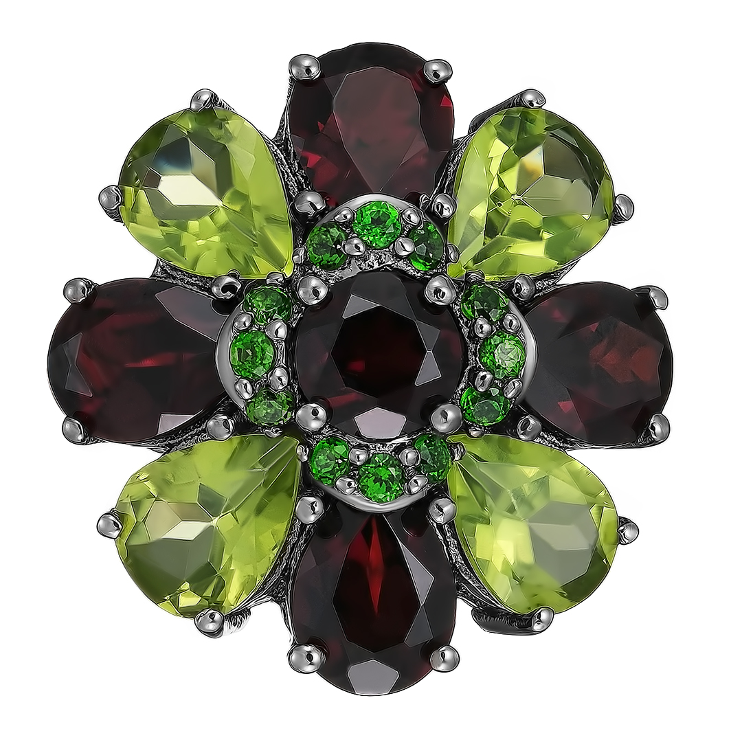 Серебряное кольцо 925 пробы; родий черный; вставки 4 Перидот 3,6 ct; 5 Гранат 6,2 ct; 12 Хромдиопсид