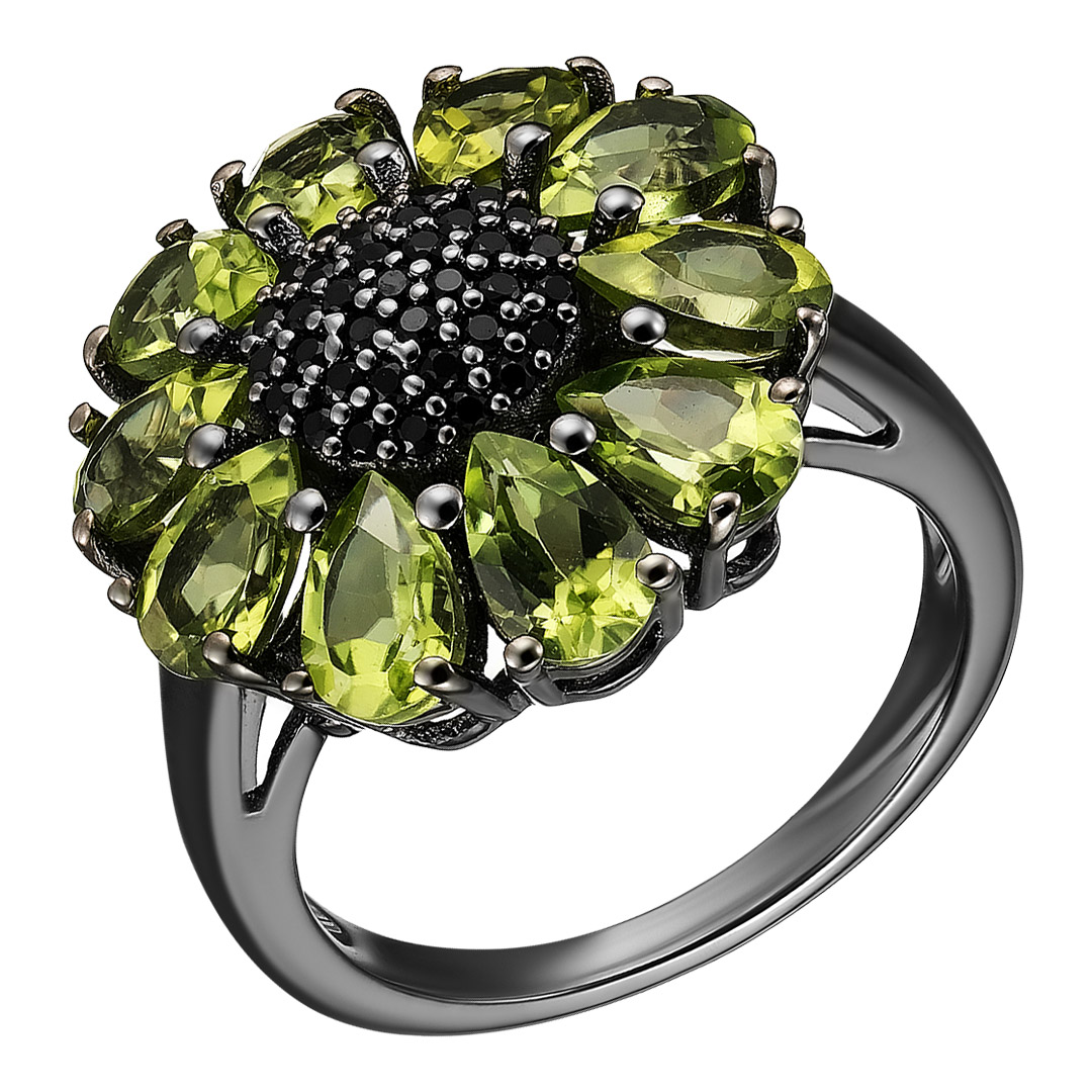 Серебряное кольцо 925 пробы; родий черный; вставки 10 Перидот 4ct; 36 Шпинель черная 0,25ct ;
