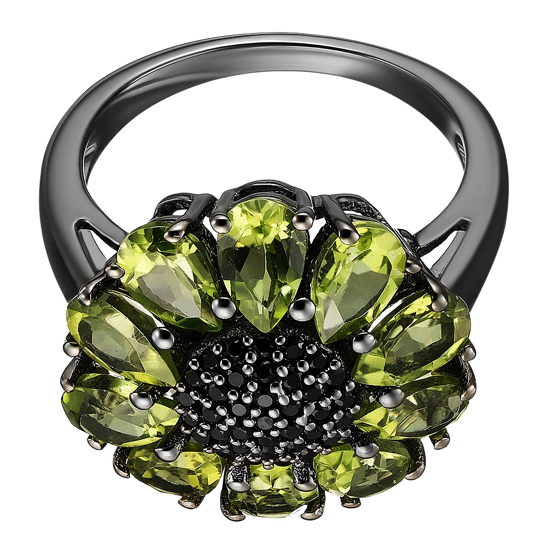 Серебряное кольцо 925 пробы; родий черный; вставки 10 Перидот 4ct; 36 Шпинель черная 0,25ct ;