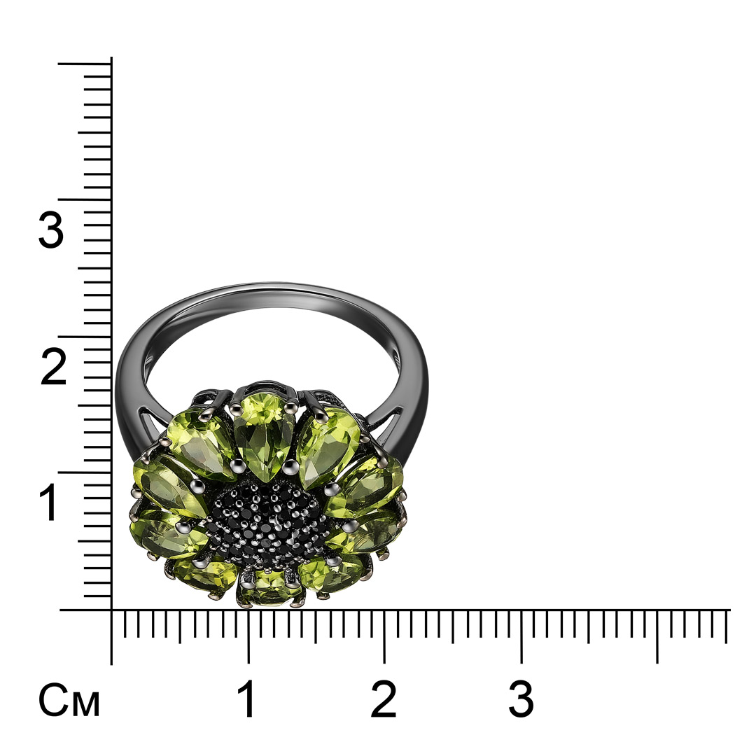 Серебряное кольцо 925 пробы; родий черный; вставки 10 Перидот 4ct; 36 Шпинель черная 0,25ct ;
