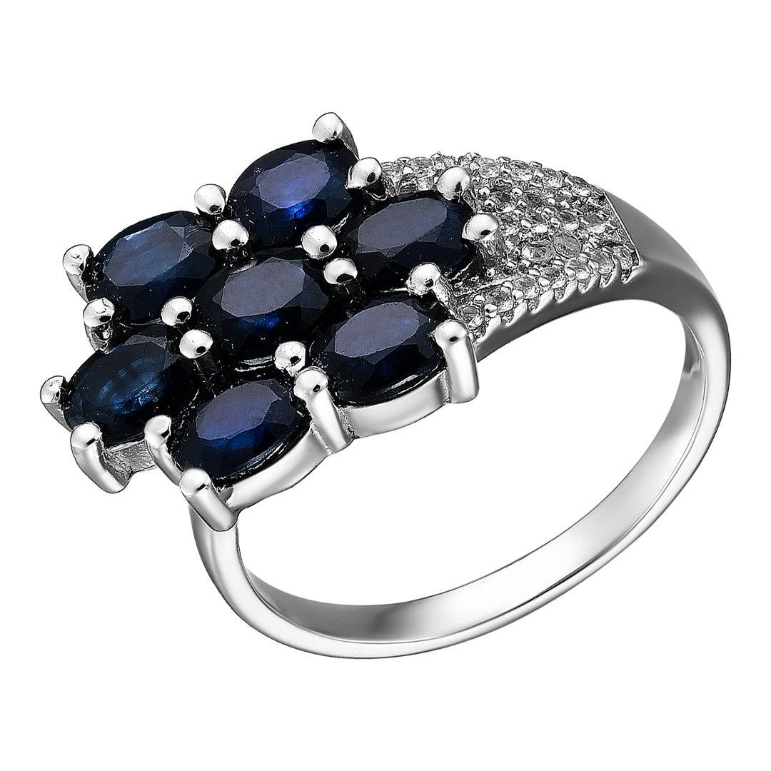 Серебряное кольцо 925 пробы; вставки 7 Сапфир U/2 2,892 ct; 22 Топаз белый 0,052ct;