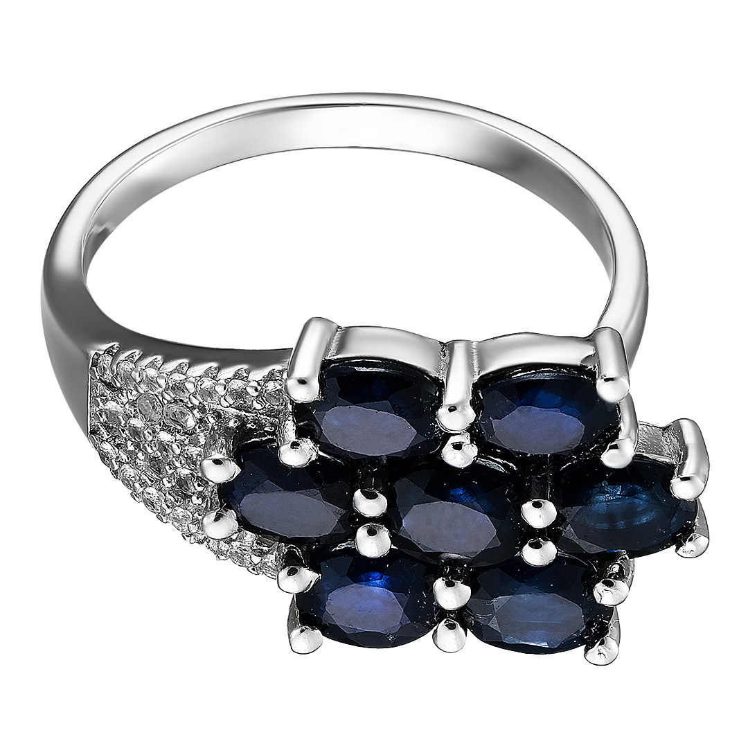 Серебряное кольцо 925 пробы; вставки 7 Сапфир U/2 2,892 ct; 22 Топаз белый 0,052ct;