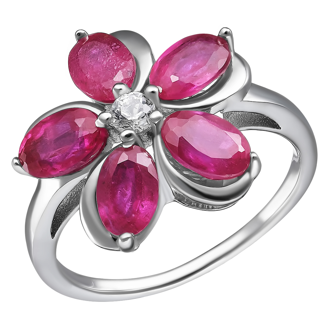 Серебряное кольцо 925 пробы; вставки 5 Рубин F/2 3,36 ct; 1 Топаз белый 0,149 ct;