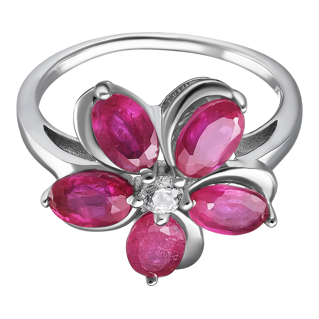 Серебряное кольцо 925 пробы; вставки 5 Рубин F/2 3,36 ct; 1 Топаз белый 0,149 ct;