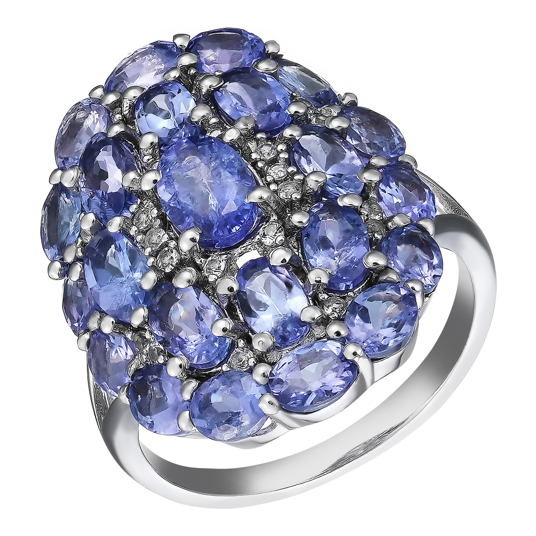 Серебряное кольцо 925 пробы; вставки 23 Танзанит 4,33 ct; 22 Топаз белый;