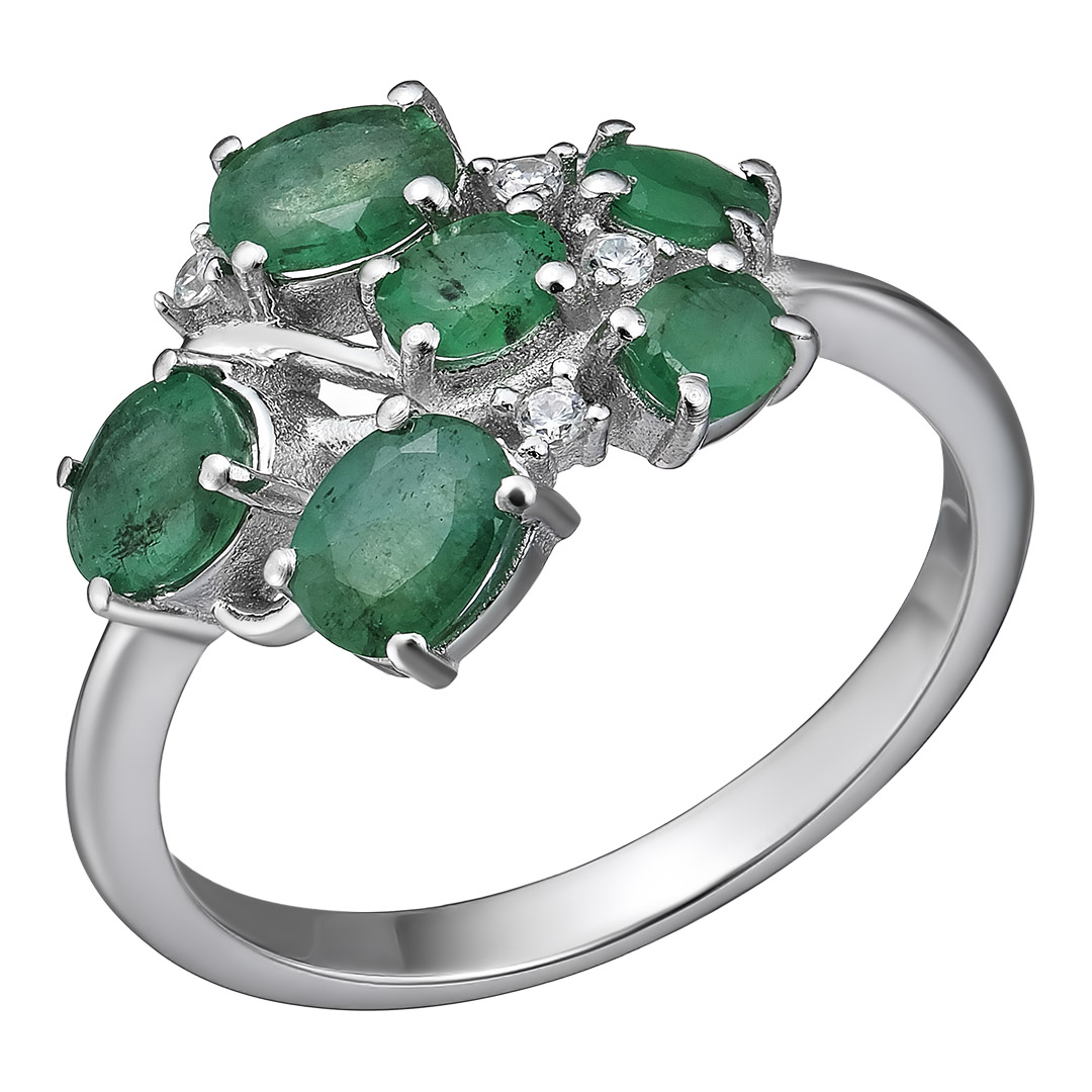 Серебряное кольцо 925 пробы; вставки 6 Изумруд (F) 4/3 1,396 ct; 4 Топаз белый;
