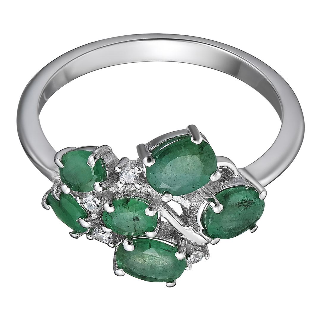 Серебряное кольцо 925 пробы; вставки 6 Изумруд (F) 4/3 1,396 ct; 4 Топаз белый;