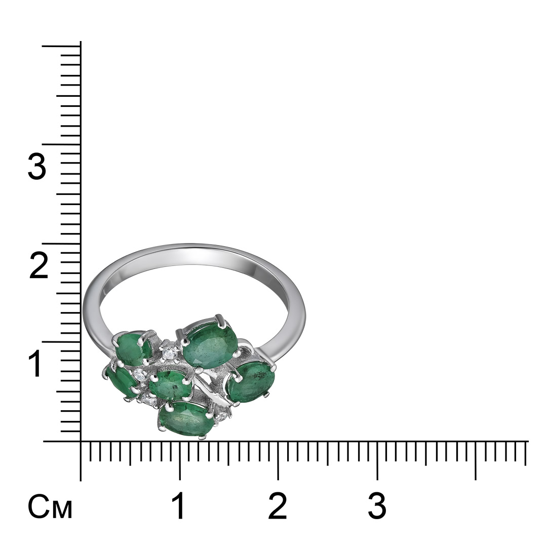 Серебряное кольцо 925 пробы; вставки 6 Изумруд (F) 4/3 1,396 ct; 4 Топаз белый;