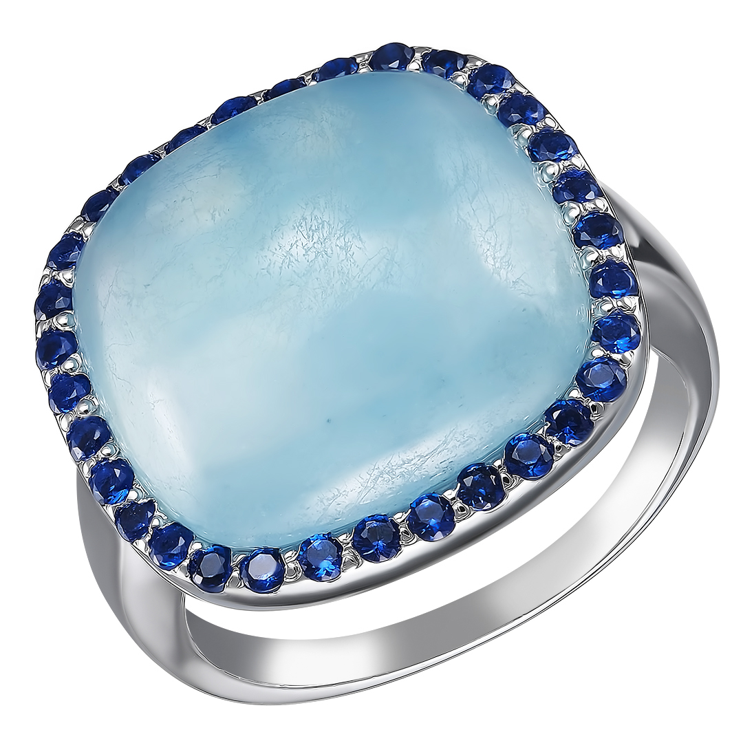 Серебряное кольцо 925 пробы; вставки 1 Аквамарин 14 ct; 32 Куб. Цирконий синий;