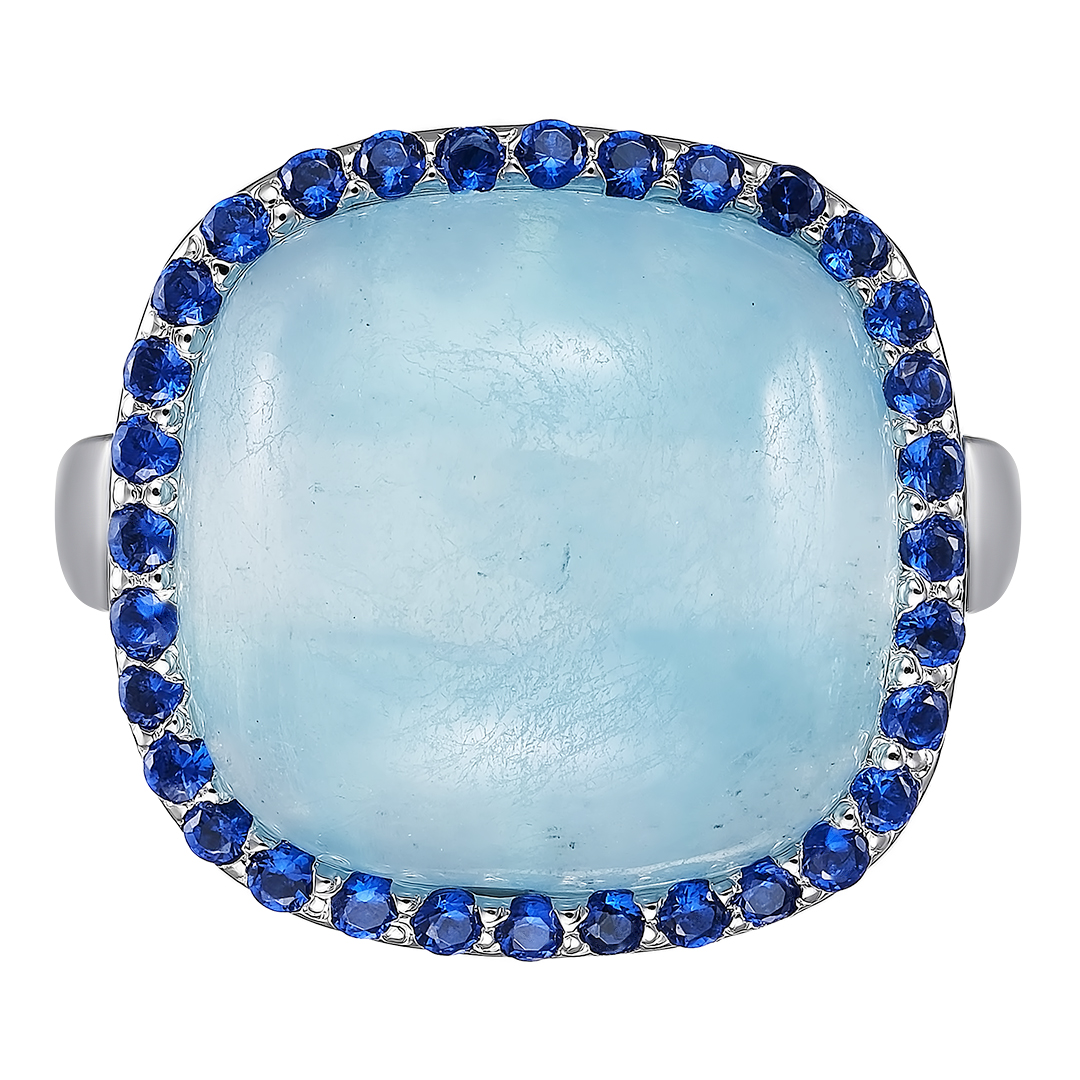 Серебряное кольцо 925 пробы; вставки 1 Аквамарин 14 ct; 32 Куб. Цирконий синий;
