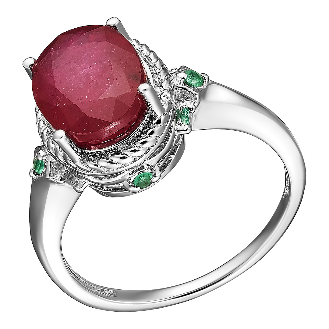 Серебряное кольцо 925 пробы; вставки 1 Рубин F/2 3,1 ct; 8 Изумруд (О) 3/Г3 0,15 ct;