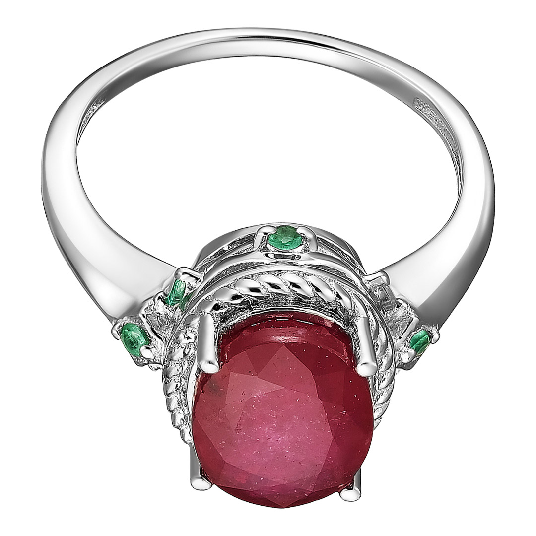 Серебряное кольцо 925 пробы; вставки 1 Рубин F/2 3,1 ct; 8 Изумруд (О) 3/Г3 0,15 ct;