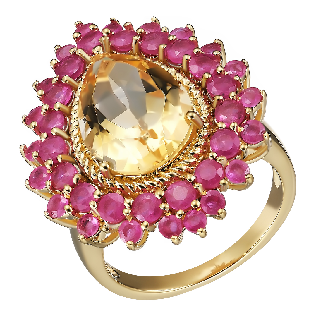 Серебряное кольцо 925 пробы; вставки 1 Цитрин 4,4 ct; 38 Рубин F/2 2,74 ct;