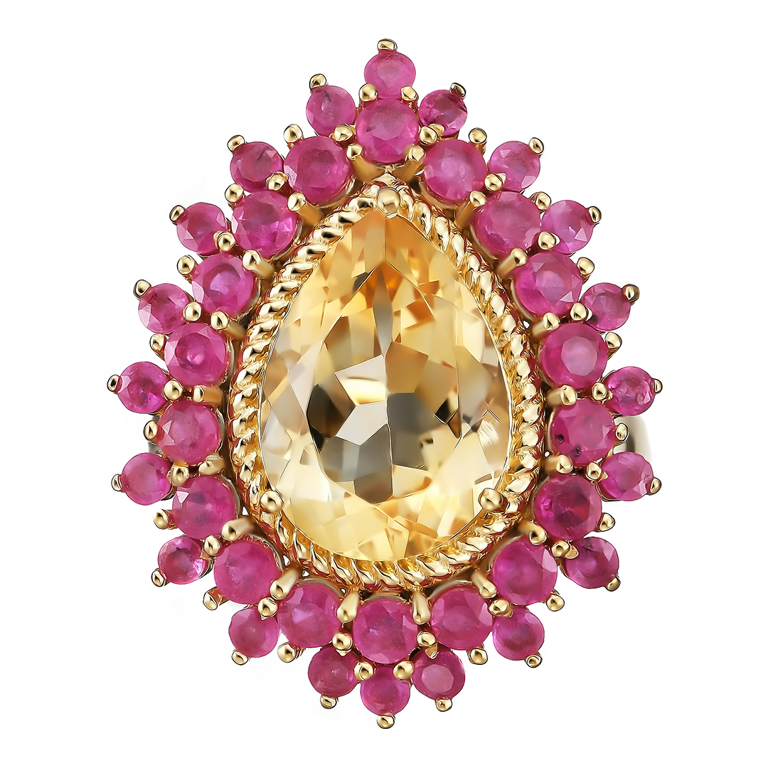 Серебряное кольцо 925 пробы; вставки 1 Цитрин 4,4 ct; 38 Рубин F/2 2,74 ct;