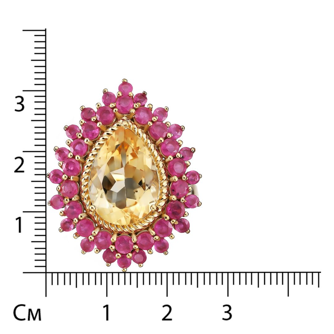 Серебряное кольцо 925 пробы; вставки 1 Цитрин 4,4 ct; 38 Рубин F/2 2,74 ct;