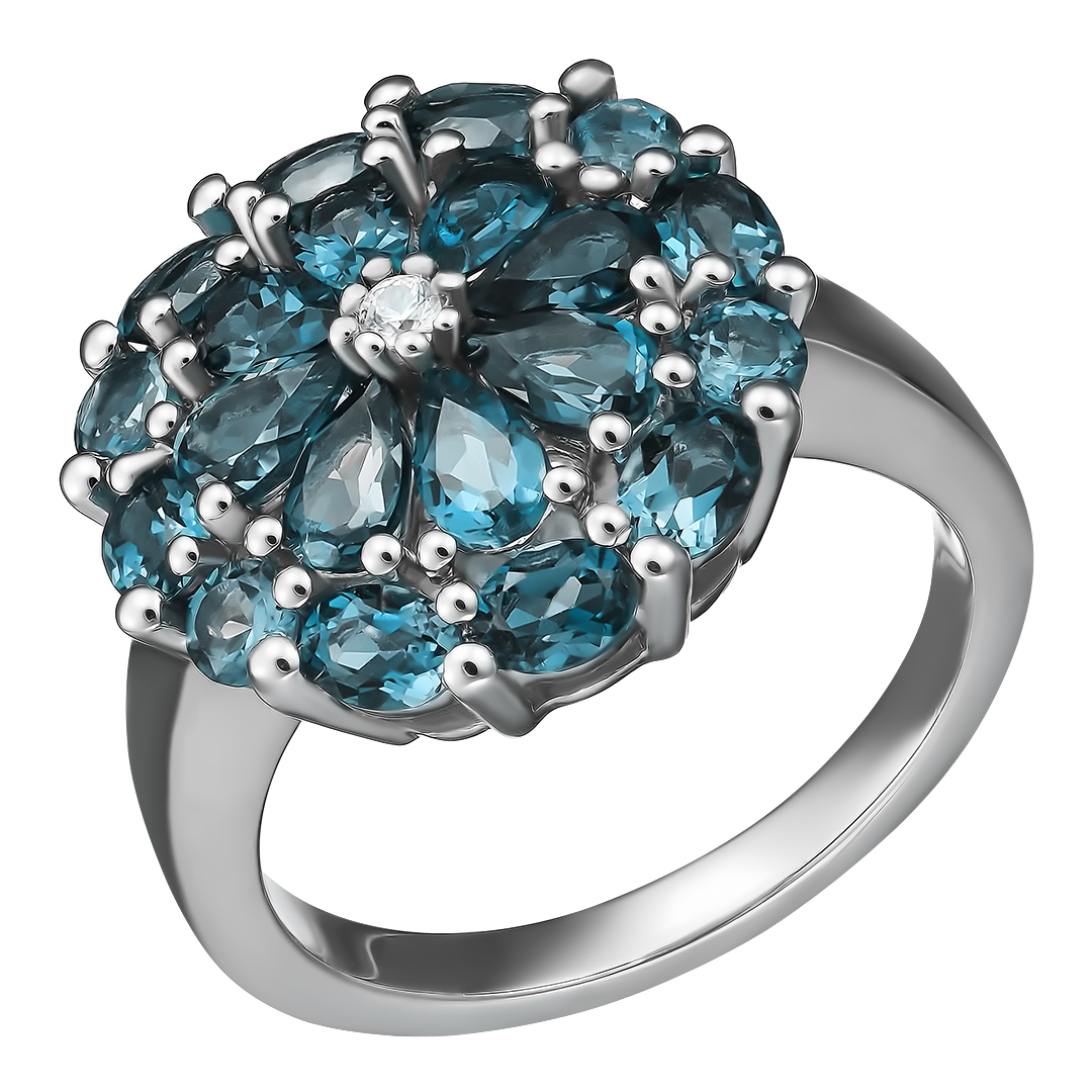 Серебряное кольцо 925 пробы; вставки 20 Топаз Лондон 4,112ct; 1 Топаз белый 0,05ct;