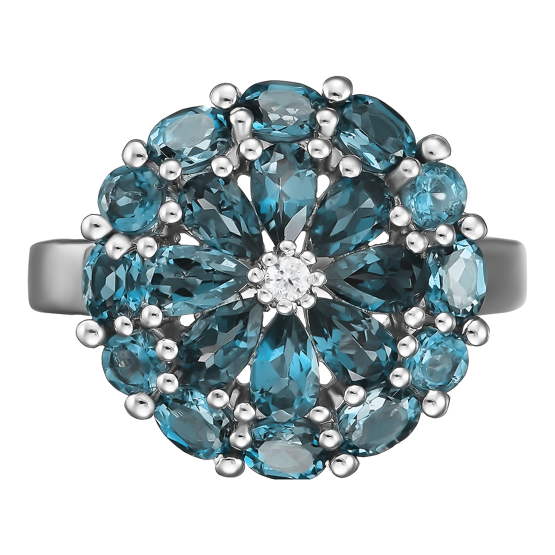 Серебряное кольцо 925 пробы; вставки 20 Топаз Лондон 4,112ct; 1 Топаз белый 0,05ct;
