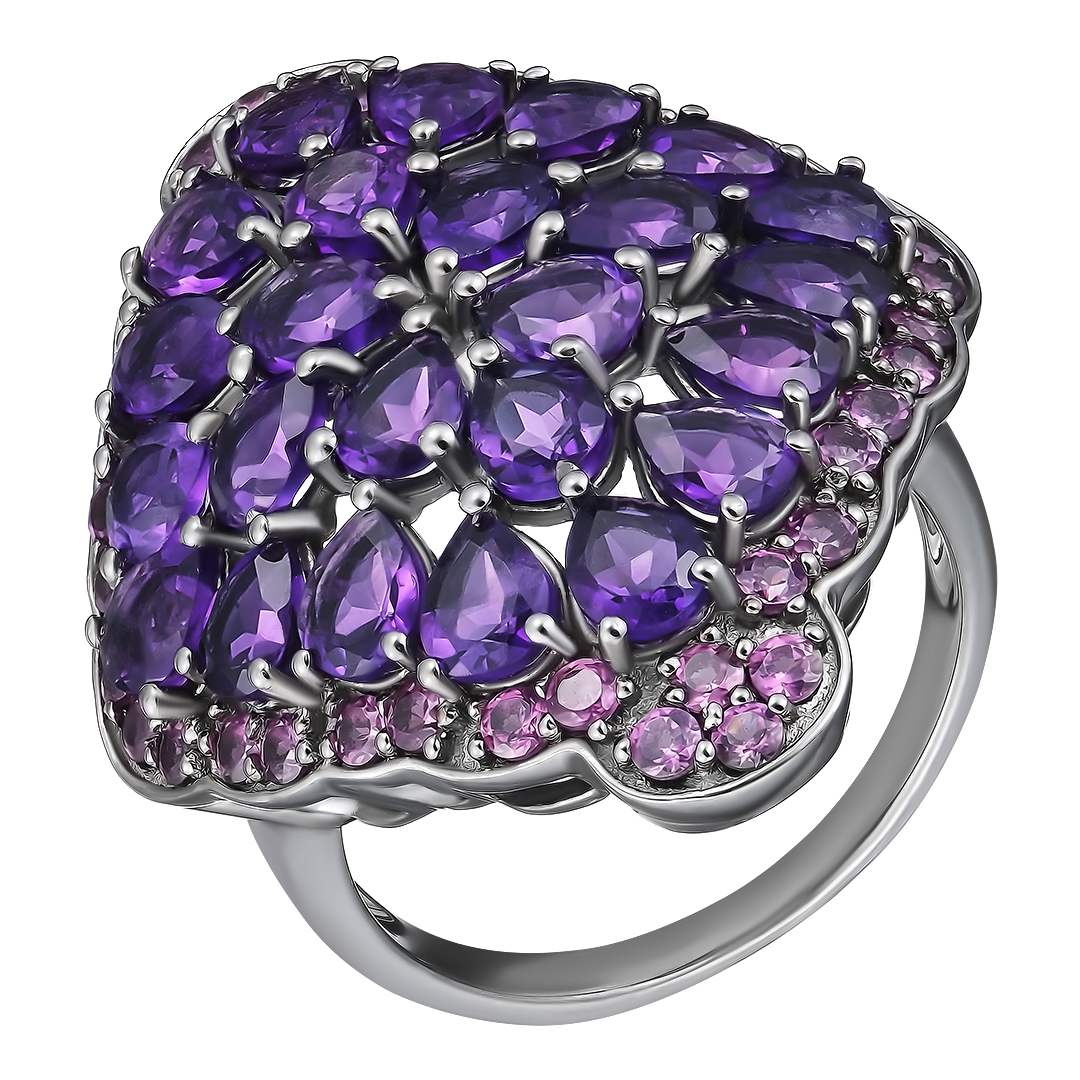 Серебряное кольцо 925 пробы; родий черный; вставки 24 Аметист 7,2 ct; 38 Родолит 1,9 ct;