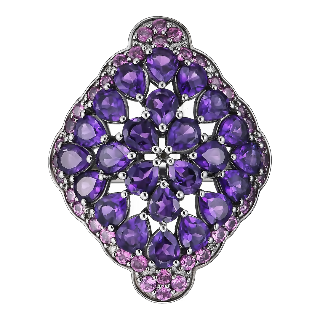 Серебряное кольцо 925 пробы; родий черный; вставки 24 Аметист 7,2 ct; 38 Родолит 1,9 ct;
